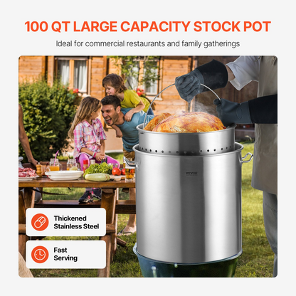 100QT Stainless Steel Stockpot Cooking Kitchen Sauce Pot with Basket Lid Handle