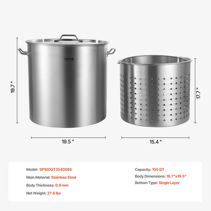 100QT Stainless Steel Stockpot Cooking Kitchen Sauce Pot with Basket Lid Handle