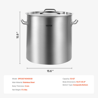 53QT Stainless Steel Stockpot Cooking Kitchen Sauce Pot with Lid Handle