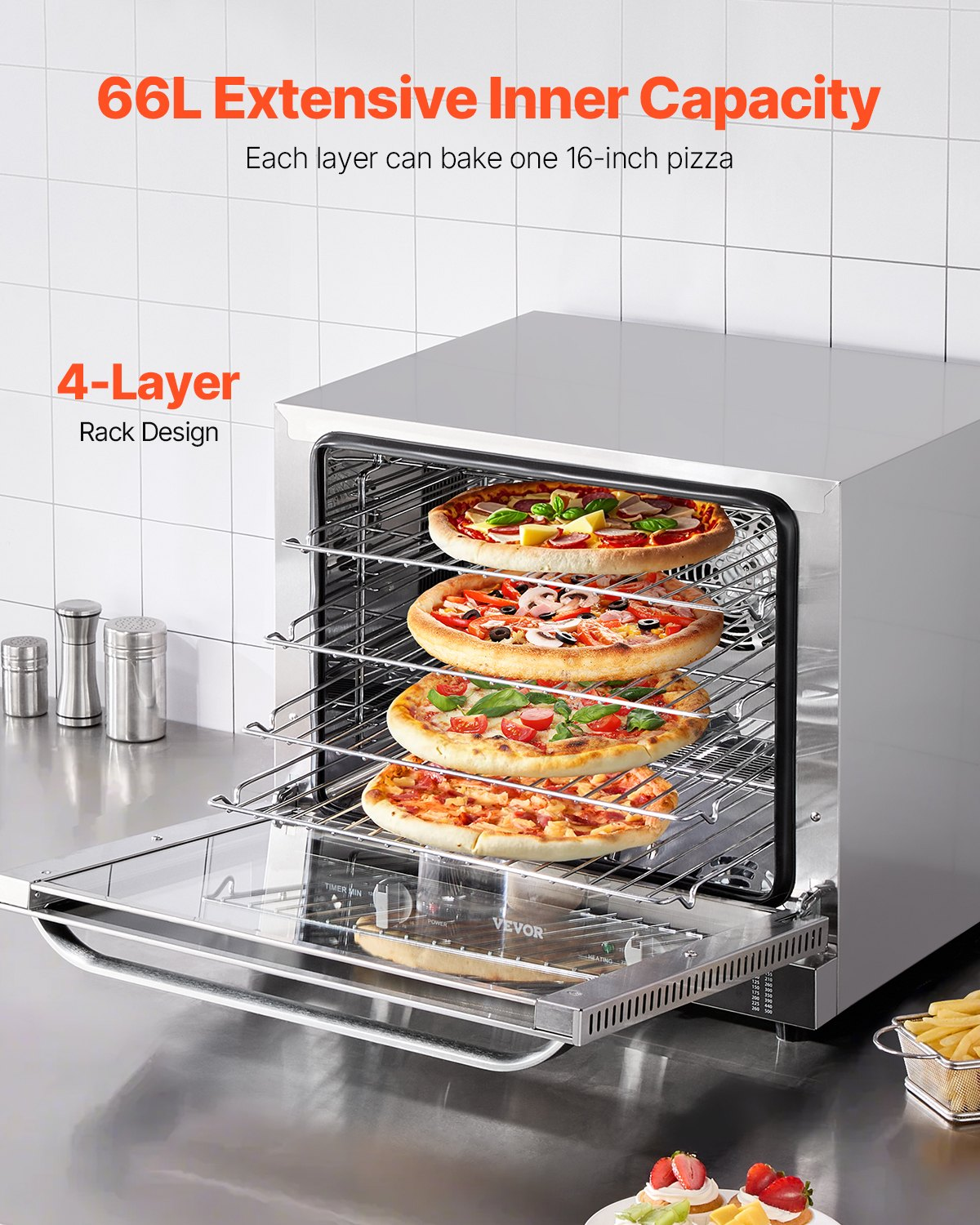 66L Commercial Countertop Oven 2800W Electric Toaster Oven Stainless Steel