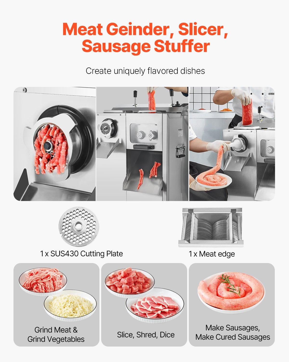 Commercial Electric Meat Grinder Slicer 14 Lbs/Min Sausage Stuffer Maker Kitchen