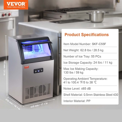 VEVOR Commercial Ice Maker, 130lbs/24H, Ice Maker Machine, 55 Ice Cubes in 12-15 Minutes, Freestanding Cabinet Ice Maker with 24lbs Storage Capacity LED Digital Display, for Bar Home Office Restaurant