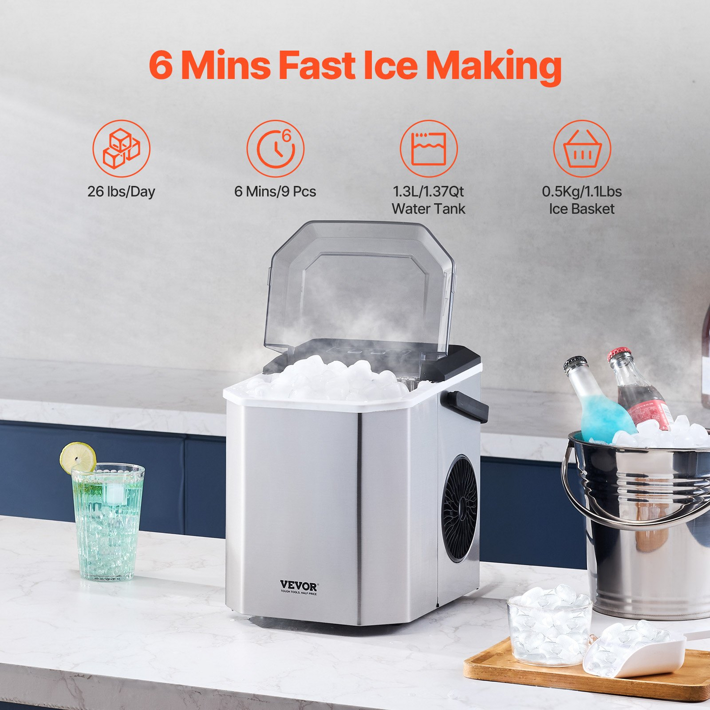 Portable Countertop Ice Maker 26Lbs/24H Self-Cleaning with Scoop Basket Home Bar