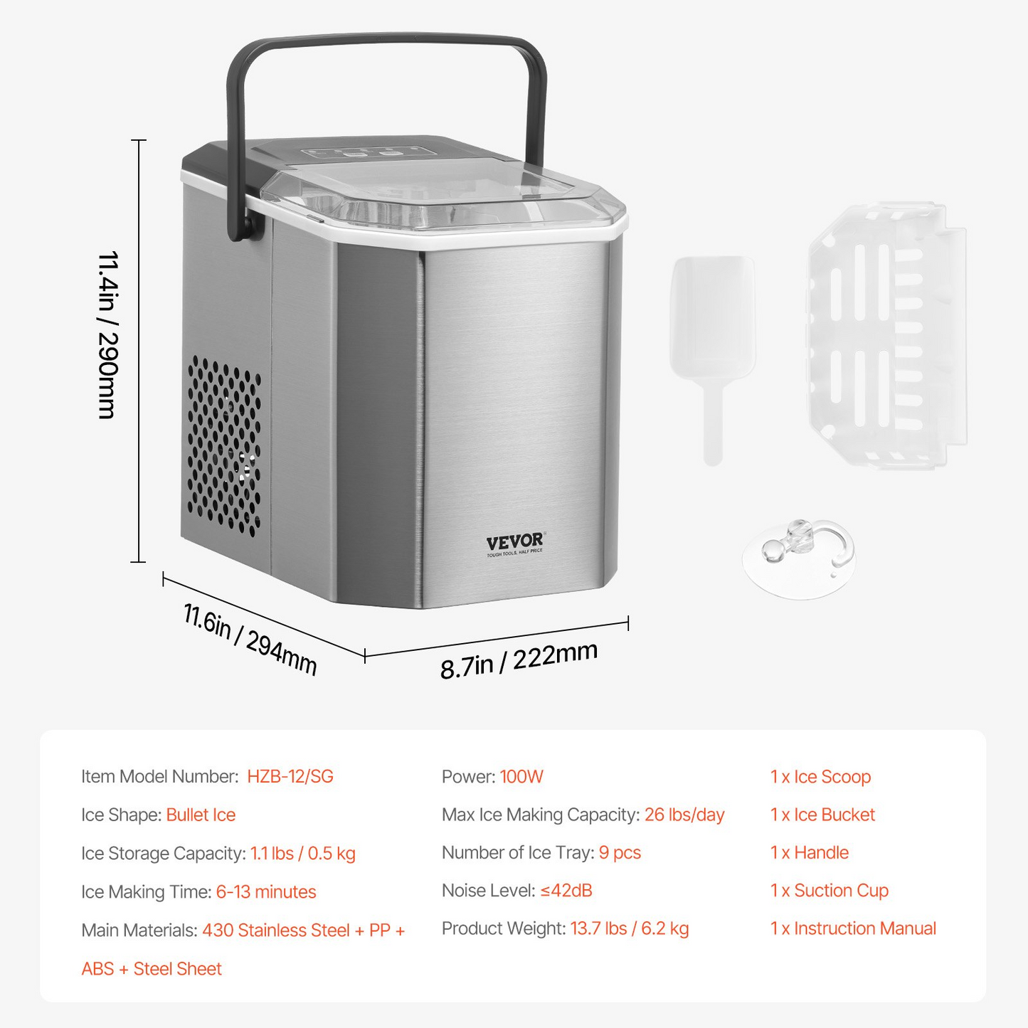 Portable Countertop Ice Maker 26Lbs/24H Self-Cleaning with Scoop Basket Home Bar