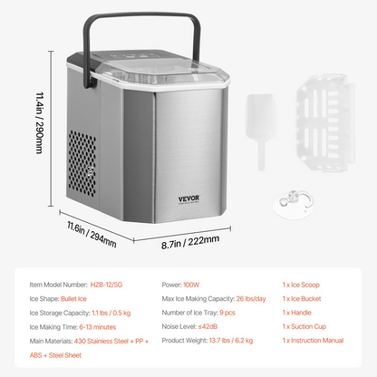 Portable Countertop Ice Maker 26Lbs/24H Self-Cleaning with Scoop Basket Home Bar