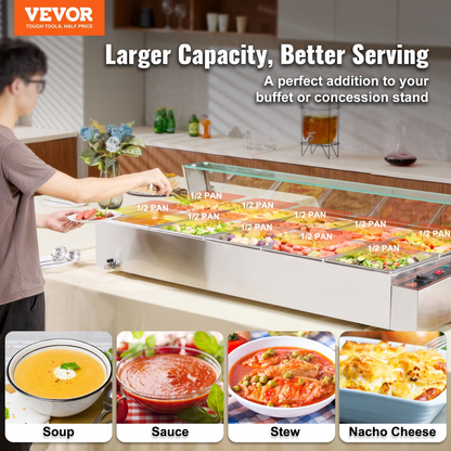 VEVOR Commercial Electric Food Warmer Countertop Buffet 10*8Qt with Glass Shield