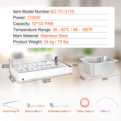 VEVOR Commercial Electric Food Warmer Countertop Buffet 10*8Qt with Glass Shield