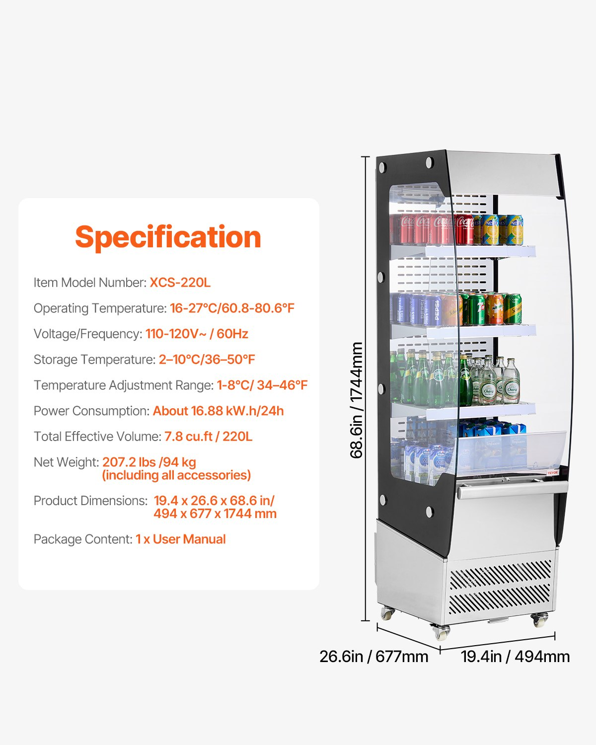 Open Air Merchandiser 3-Tier Display Cooler with Air Curtain 7.8cu.ft.