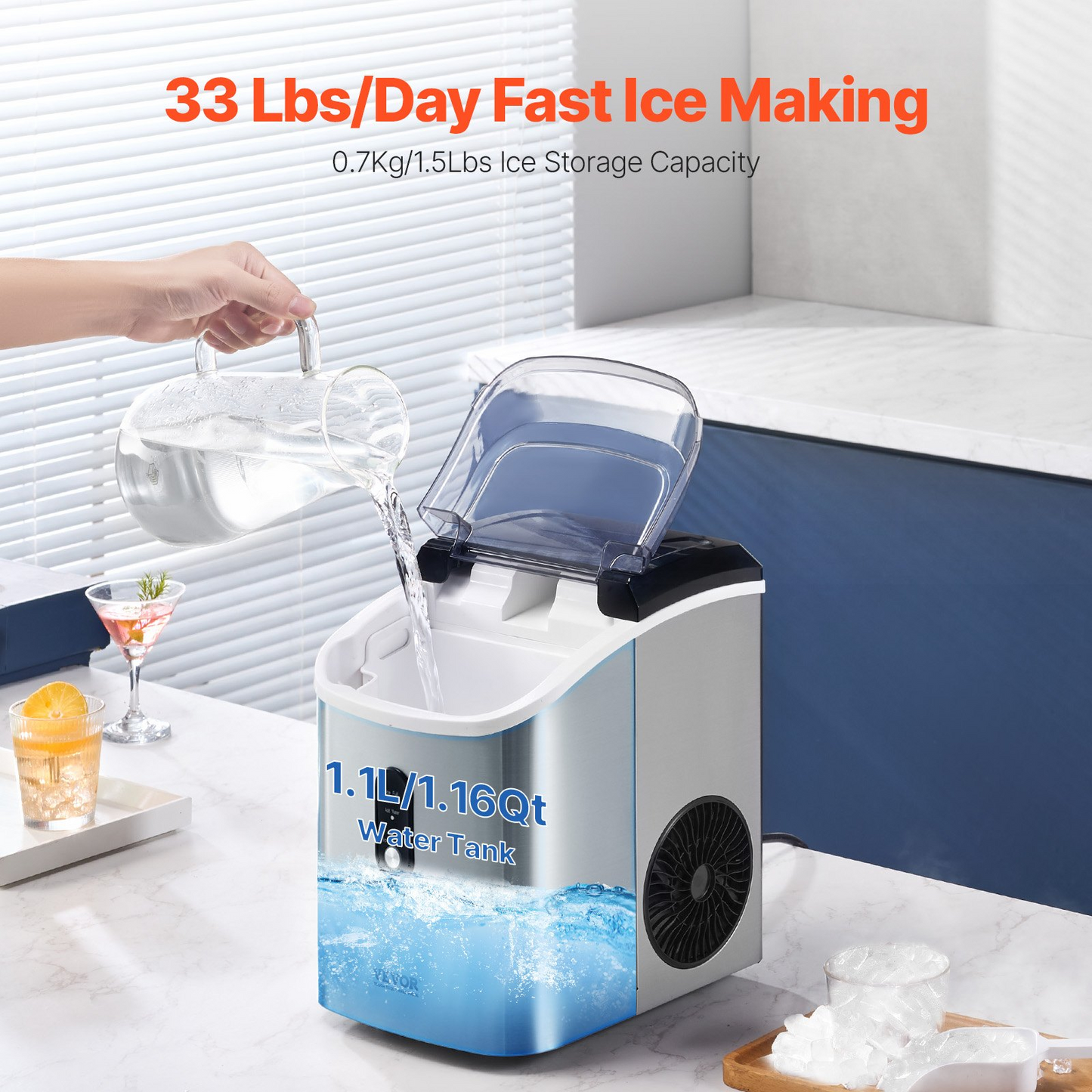 Countertop Nugget Ice Maker 33Lbs/24H Self-Cleaning with Scoop Basket Home Bar