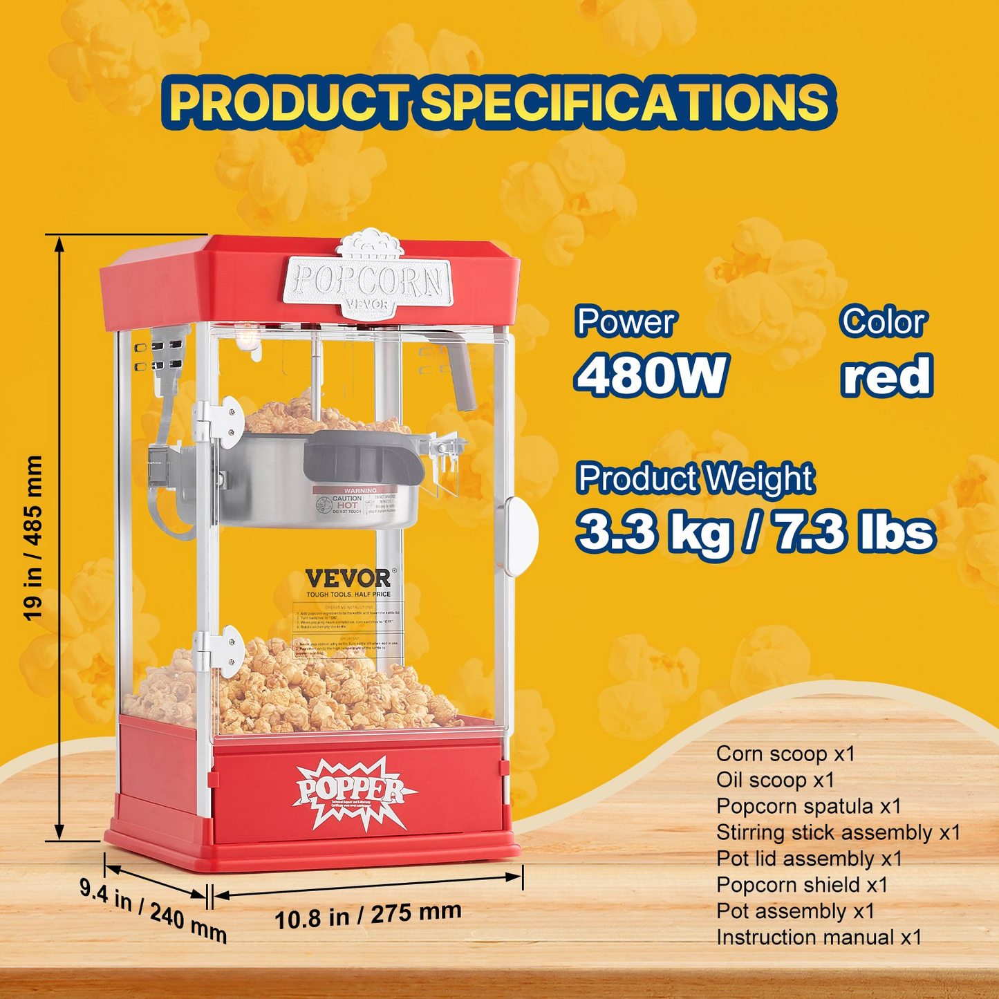 Popcorn Popper Machine Tabletop Popcorn Maker 480W 4 Oz Red