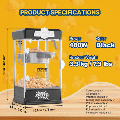 Popcorn Popper Machine Tabletop Popcorn Maker 480W 4 Oz Black