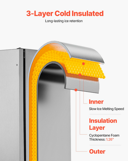 Undercounter Built-in Ice Maker Machine 50 Lbs/Day Reversible Door Outdoor Use