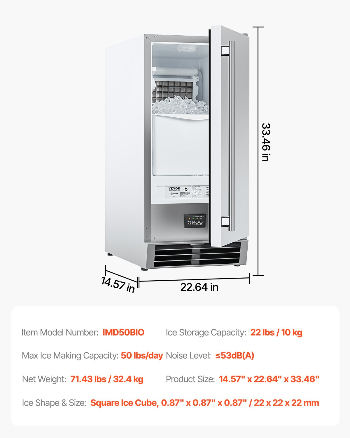 Undercounter Built-in Ice Maker Machine 50 Lbs/Day Reversible Door Outdoor Use