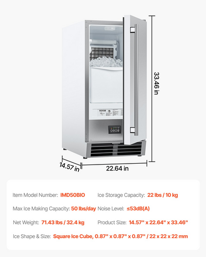 Undercounter Built-in Ice Maker Machine 50 Lbs/Day Reversible Door Outdoor Use