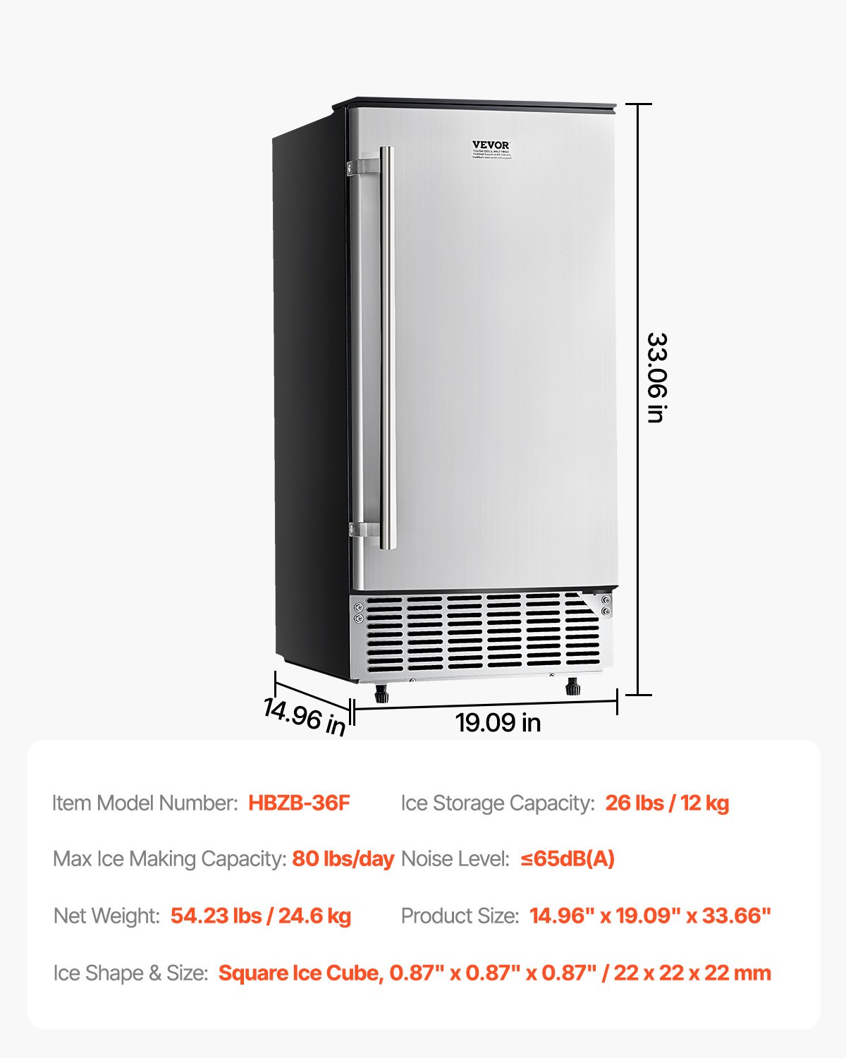 Undercounter Ice Maker 80 Lbs/Day Built-in Ice Maker Machine w/ Reversible Door