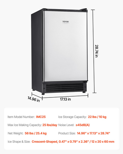 Undercounter Ice Maker 25 Lbs/Day Built-in Ice Maker Machine w/ Reversible Door