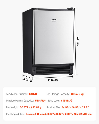 Undercounter Ice Maker 15 Lbs/Day Built-in Ice Maker Machine w/ Reversible Door