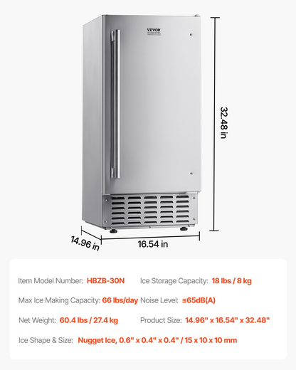 Undercounter Ice Maker 66 Lbs/Day Built-in Ice Maker Machine w/ Reversible Door