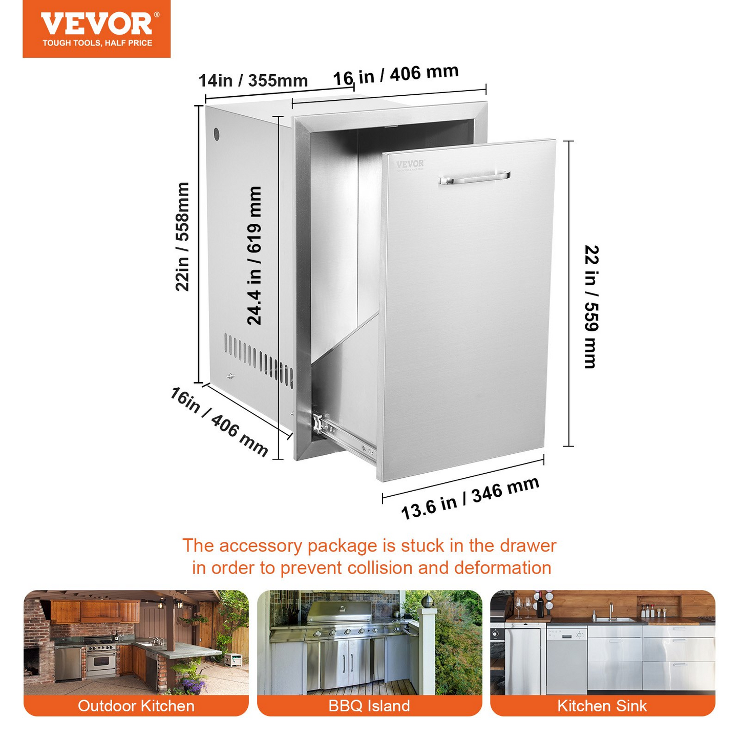 VEVOR Outdoor Kitchen Propane Tank Drawer 16Wx24.4Hx16D Inch Stainless Steel Pull Out Trash Drawer with Handle for Outdoor Kitchen BBQ Island