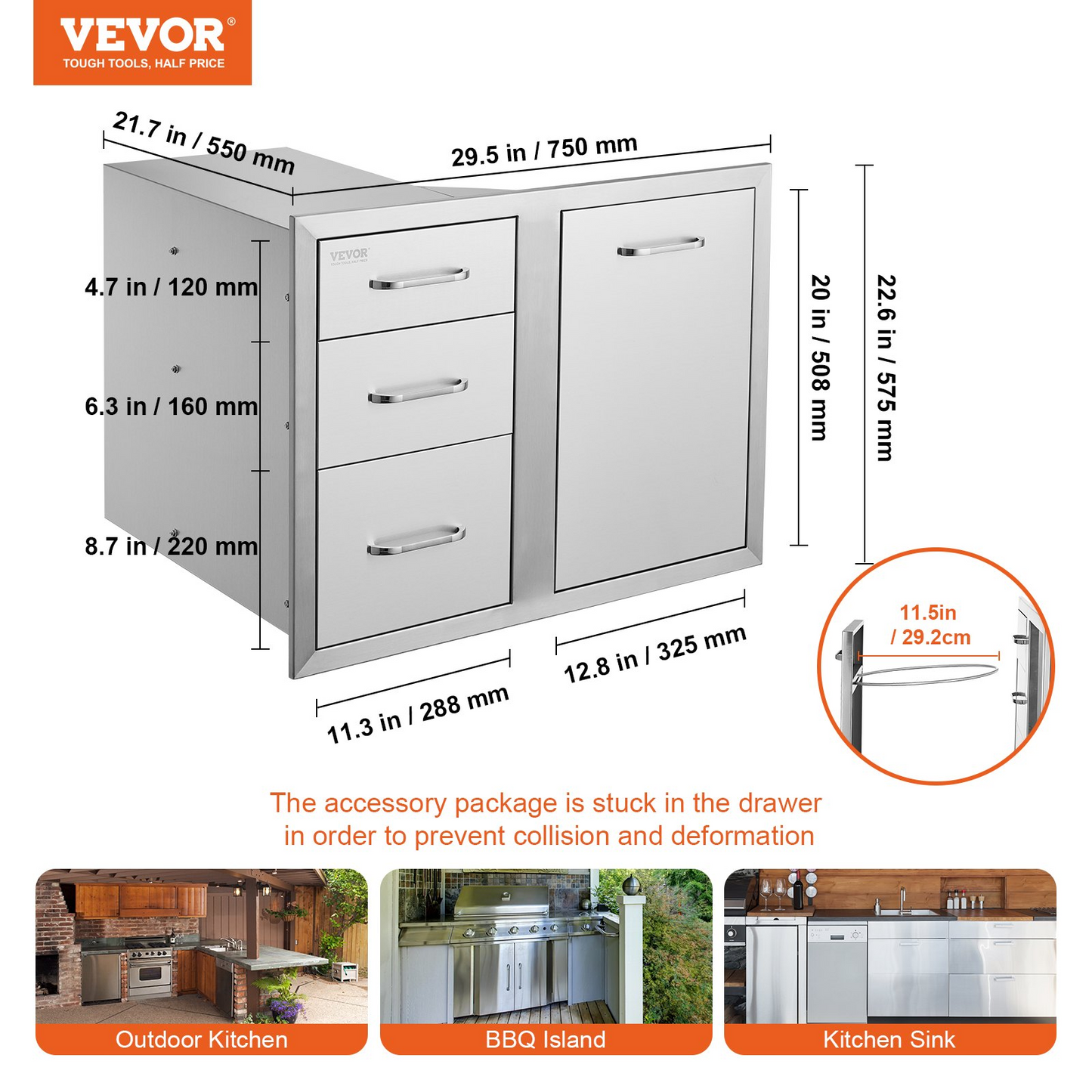 VEVOR Outdoor Kitchen Door Drawer Combo 29.5" W x 22.6" H x 21.7''D, Access Door/Triple Drawers with Propane Drawer and Adjustable Garbage Ring, Perfect for BBQ Island Patio Grill Station