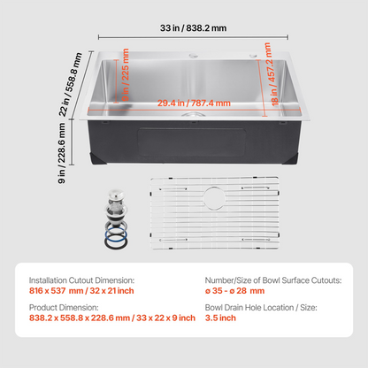 33" Kitchen Sink Top Mount Single Bowl Drop-In Basin Stainless Steel Bar