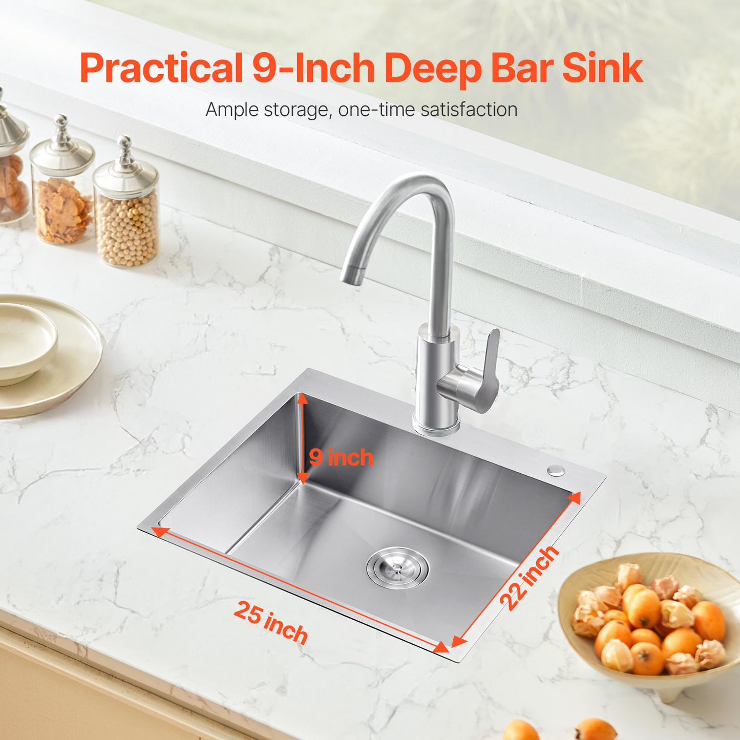 25" Kitchen Sink Top Mount Single Bowl Drop-In Basin Stainless Steel Bar