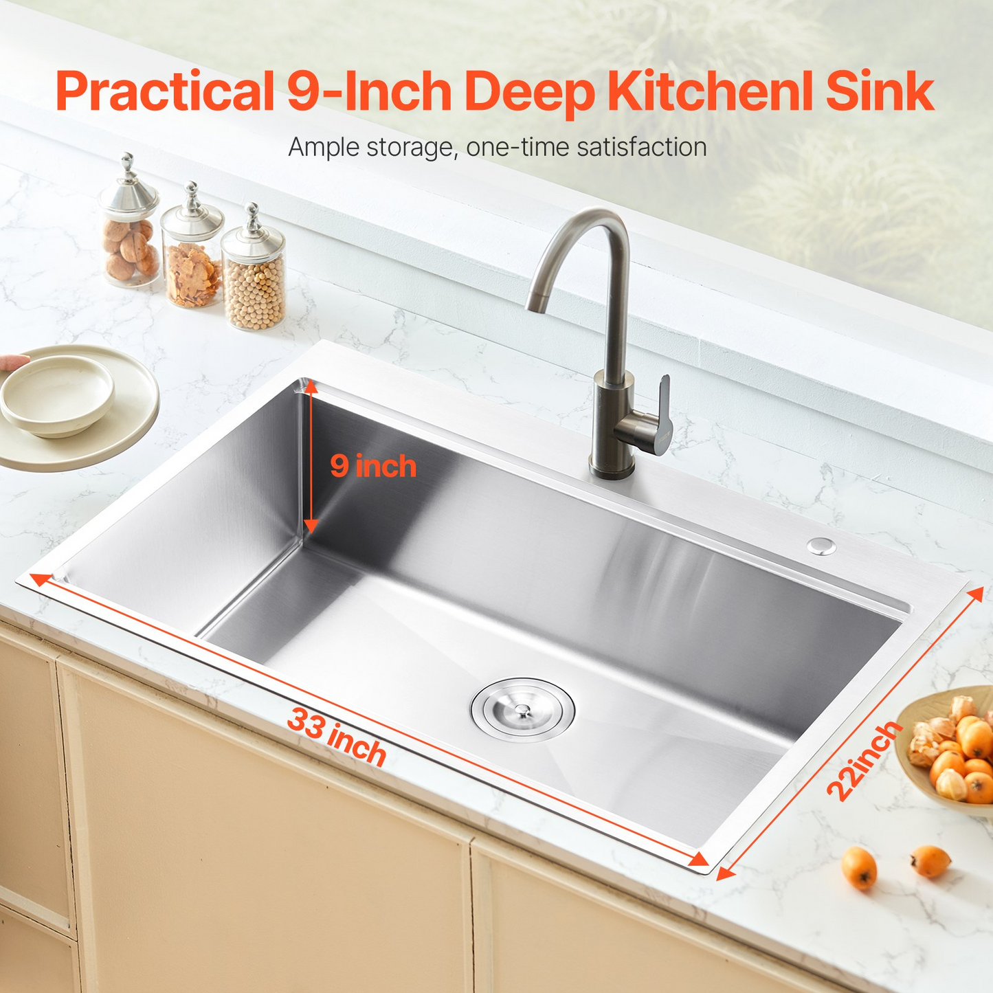 33" Kitchen Sink Top Mount Single Bowl Drop-In Basin Stainless Steel Bar