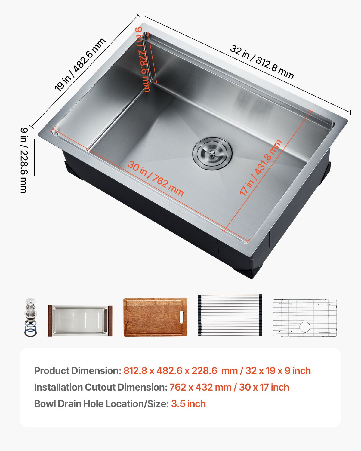 32" Kitchen Sink Undermount Single Bowl Drop-In Basin Stainless Steel Bar