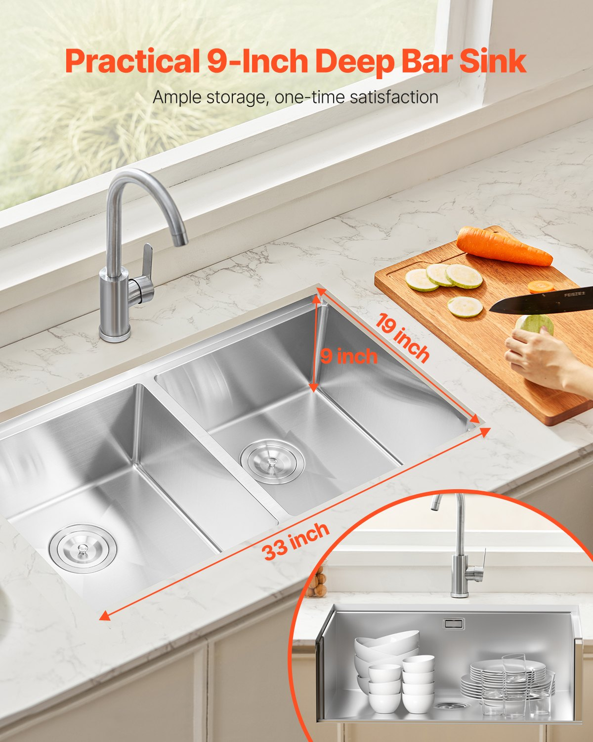 33" Kitchen Sink Undermount Double Bowl Drop-In Basin Stainless Steel Bar