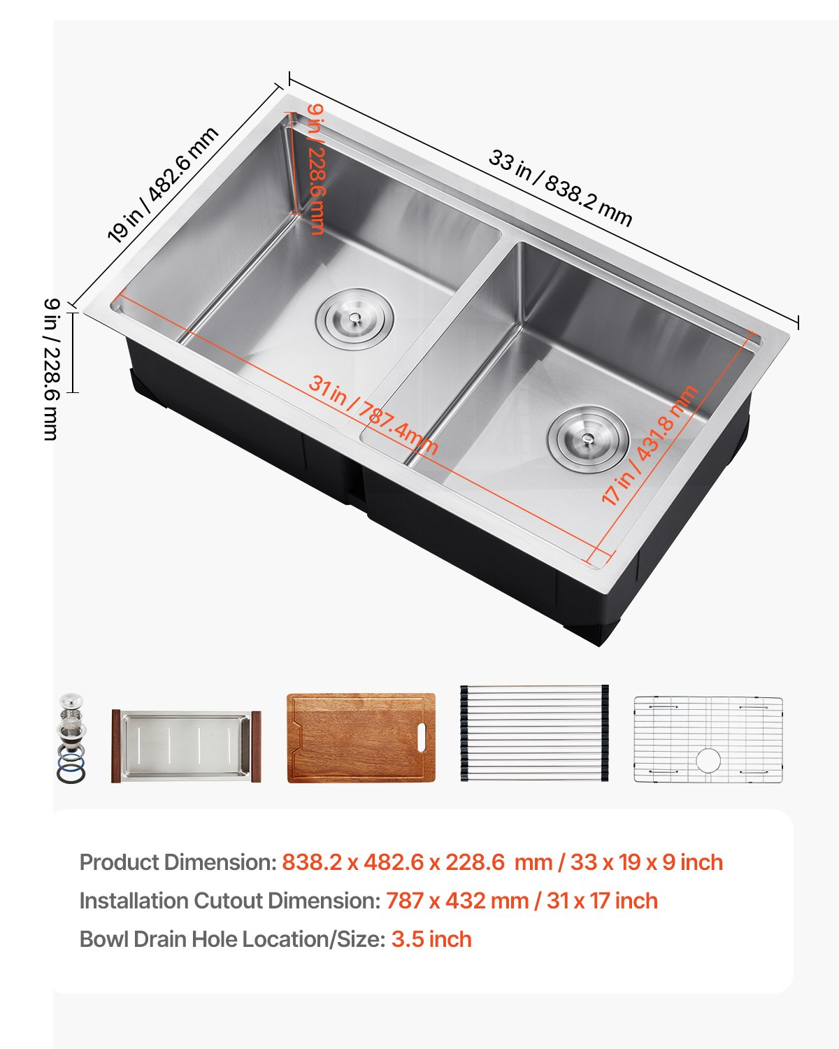 33" Kitchen Sink Undermount Double Bowl Drop-In Basin Stainless Steel Bar