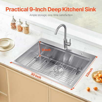 30" Kitchen Sink Top Mount Single Bowl Drop-In Basin Stainless Steel Bar